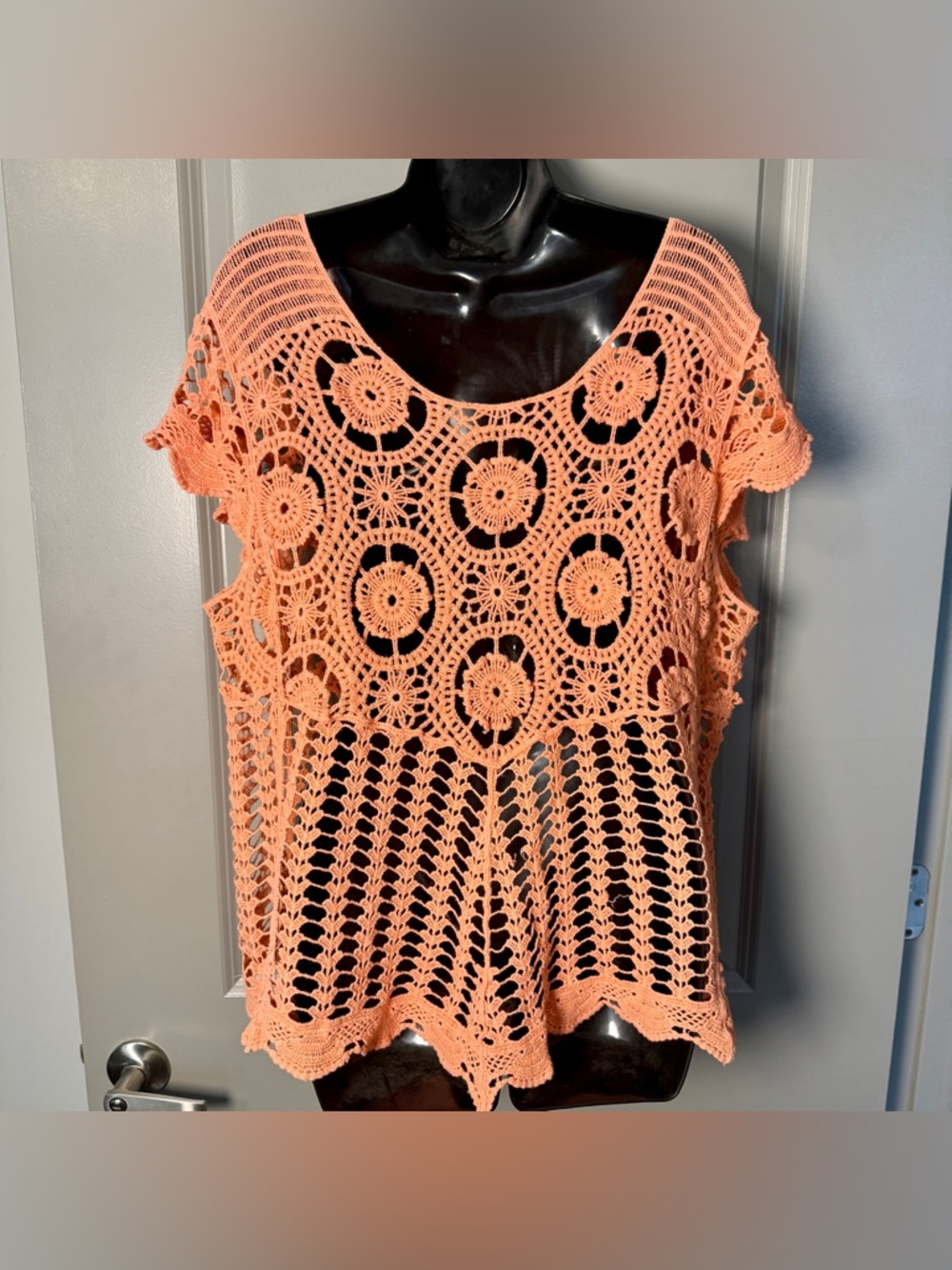 Peach Coral Crochet Top Cotton Beach Cover Festival Boho M/L - Picture 3 of 4